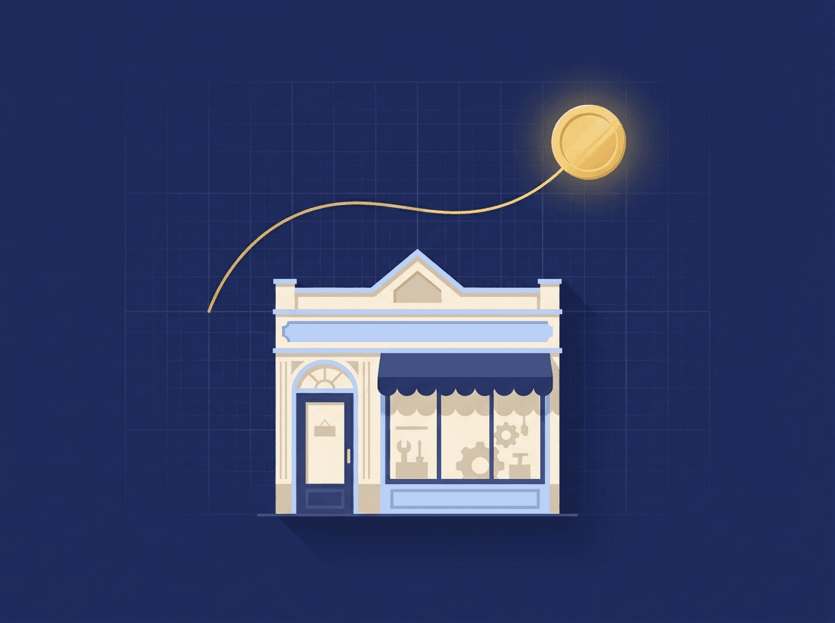 Illustration: a main-street workshop with a golden value curve rising above it
